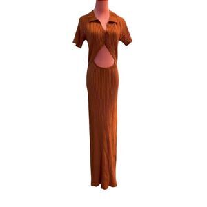 NWT L*Space Dress Body Conscious S/S Open Tummy Brown Ribbed Knit XL Open Tummy